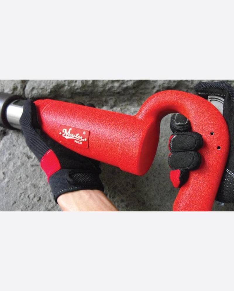 a close up of a person's hand holding a red bike handle